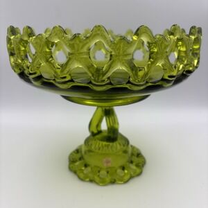 Westmoreland Glass Olive Green Doric Open Lace Footed Compote Bowl Vintage MCM